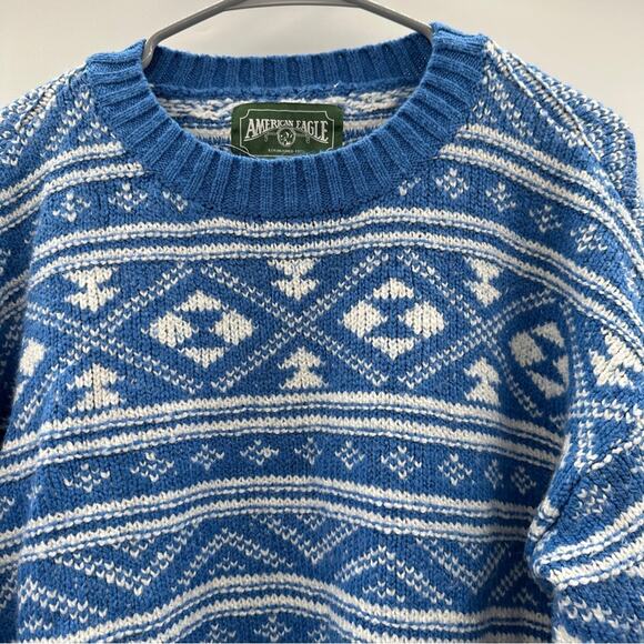 American Eagle Blue & White Fair Isle‎ Snowdrift Long Sleeve Sweater Sz S - Picture 4 of 11